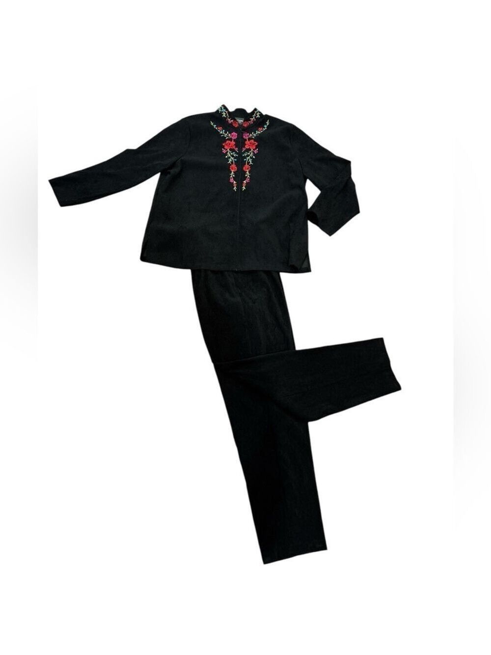 90s 2PCS NOTATIONS BLACK BOHO VELVETY PANT SUIT COLORFUL EMBROIDERED PLUS SZ 14
